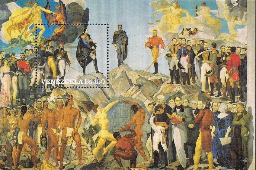 El mural completo del Círculo Militar: Bolívar sobre las montañas, próceres, alegorías y tres hombres que tallan el escudo