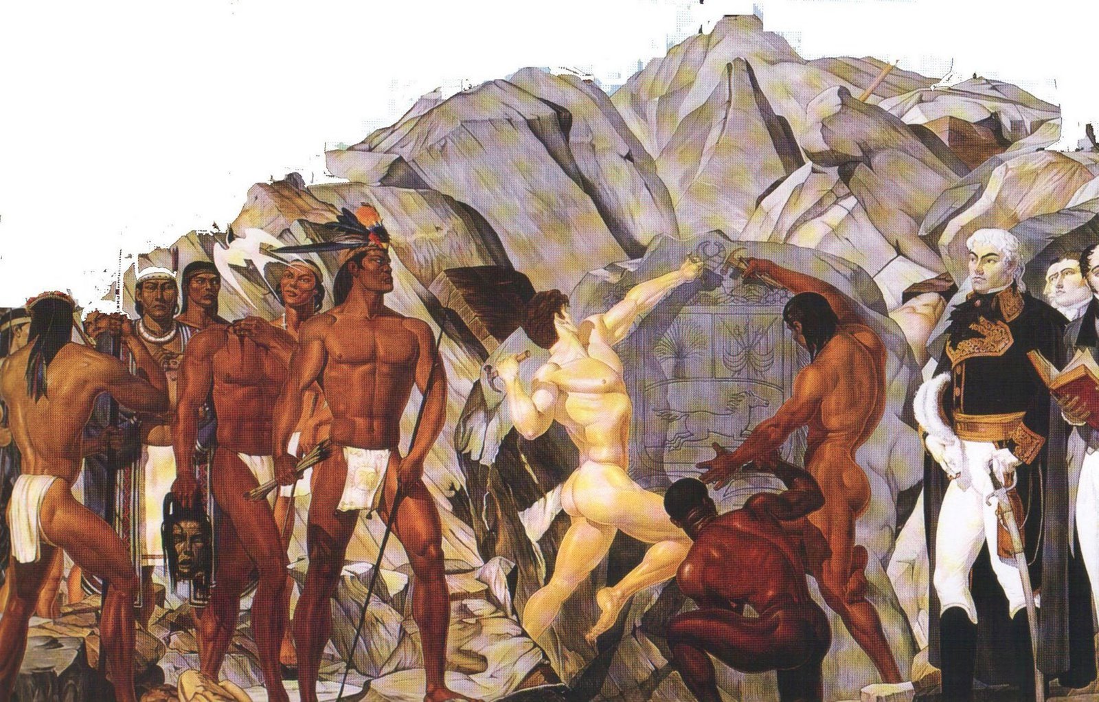 Mural: tres hombres tallan el escudo entre próceres