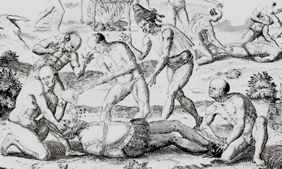 Grabado de de Bry: indios vierten oro fundido en la boca de un español
