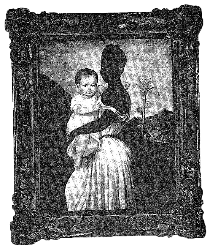 Retrato de un niño en brazos de una niñera cuya figura es una silueta negra, dentro de un marco ornamentado